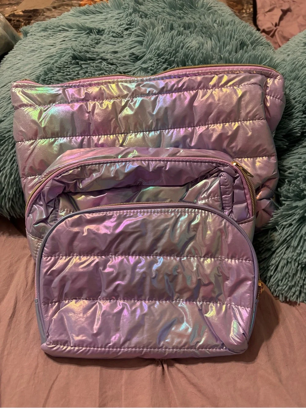 Iridescent Lavender Puffer Cosmetic Bag Set of 3